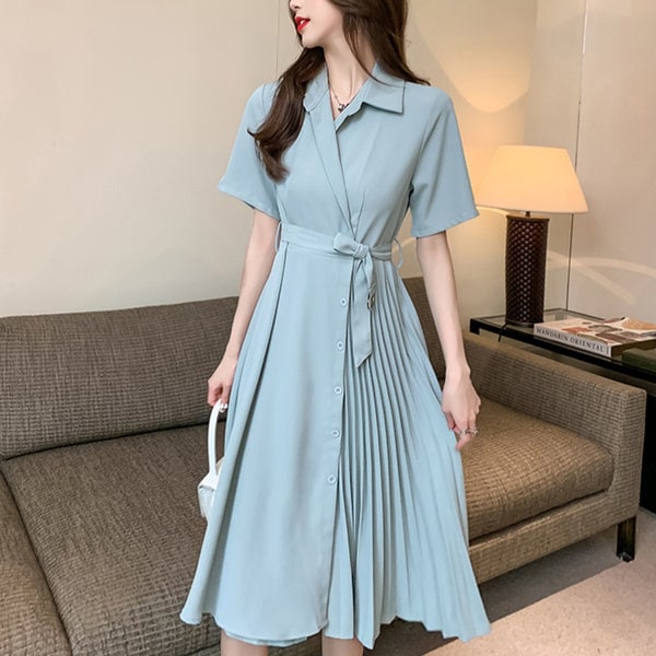プリーツ ラップ 女性 半袖 カラー ロング ワンピース 夏 スカート