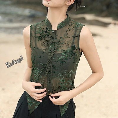 【3日出荷】袖なし レディース グリーン フロッキー 夏 チャイナトップス トップス 透け感 シャツ チュー 最安値に挑戦