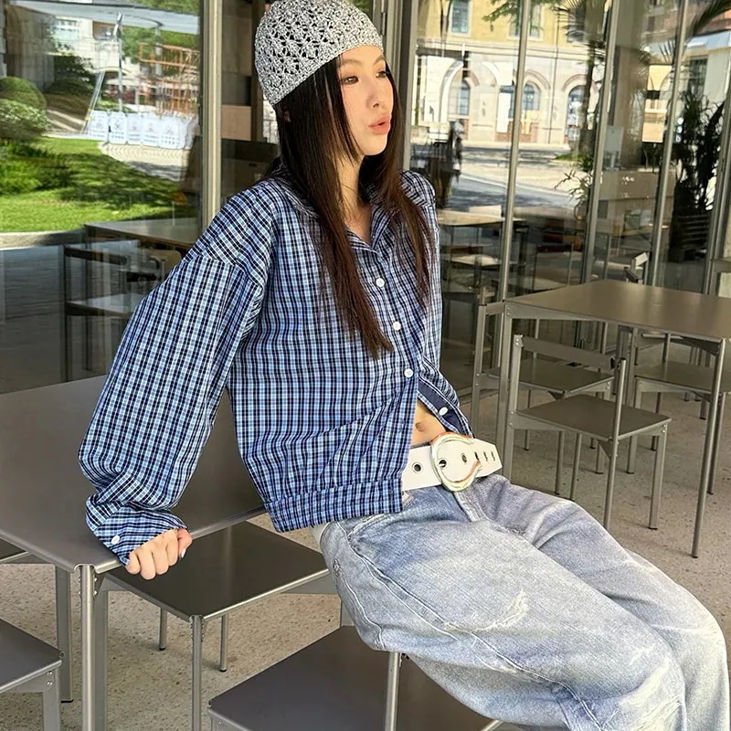 新品掲載！2025 ブルー長袖シャツシャツブラウス ボタン付き ゆったり ショート丈 チェック柄 レディース ブラウス 秋シャツ・ブラウス