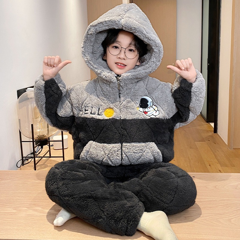 3層綿入り子供用パジャマ厚手ダウン冬2024男児・青少年用ルームウェア冬