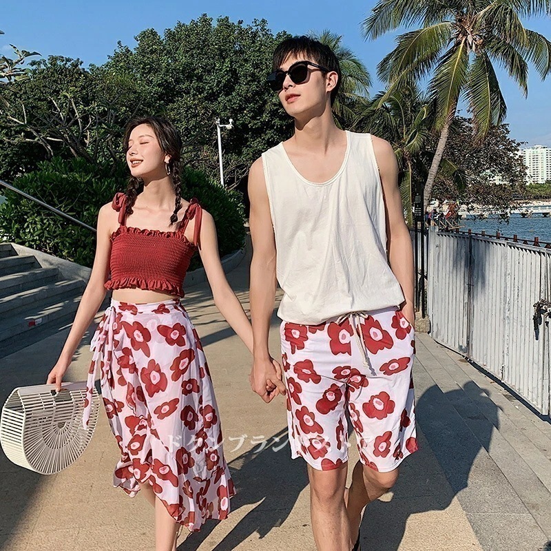 水着 ペア 男女セット タンキニ セパレート レディース メンズ パレオ付き ビキニ ブラトップ サーフパンツ 体型カバー カップル スイムウェア かわいい ミニキャミソール風 ビスチェ ハイウェスト