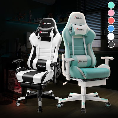 SWOLOLのオシャレでかっこいいゲーミングチェア　ブラック＆ホワイト　横浜発 SWOLOL ゲーミングチェア オットマン付き ゲーム用チェア