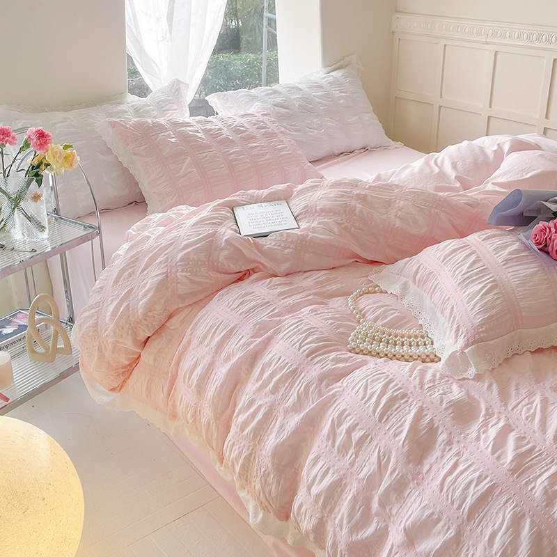 今年の流行綿中空レースシアサッカー4点セット洗浄綿シーツとボックスシーツ学生用無地キルトカバー