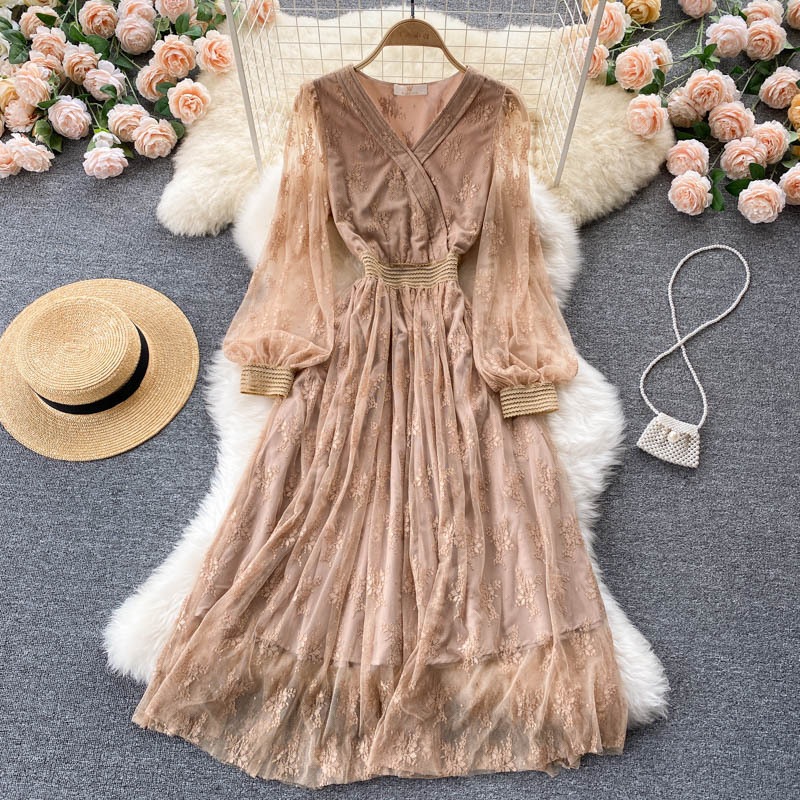 Aライン レース ワンピース ドレス カーキ 枯れ草色 結婚式 レディース ひざ丈 膝丈