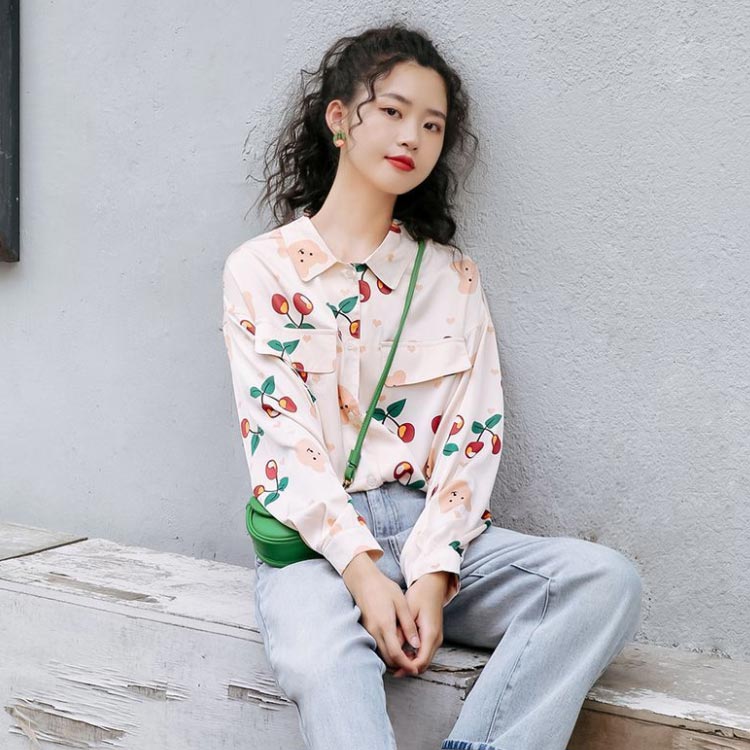 ブラウス シャツ レディース 長袖 秋 チェリー チェリー柄 総柄 柄シャツ 大人可愛い きれいめ