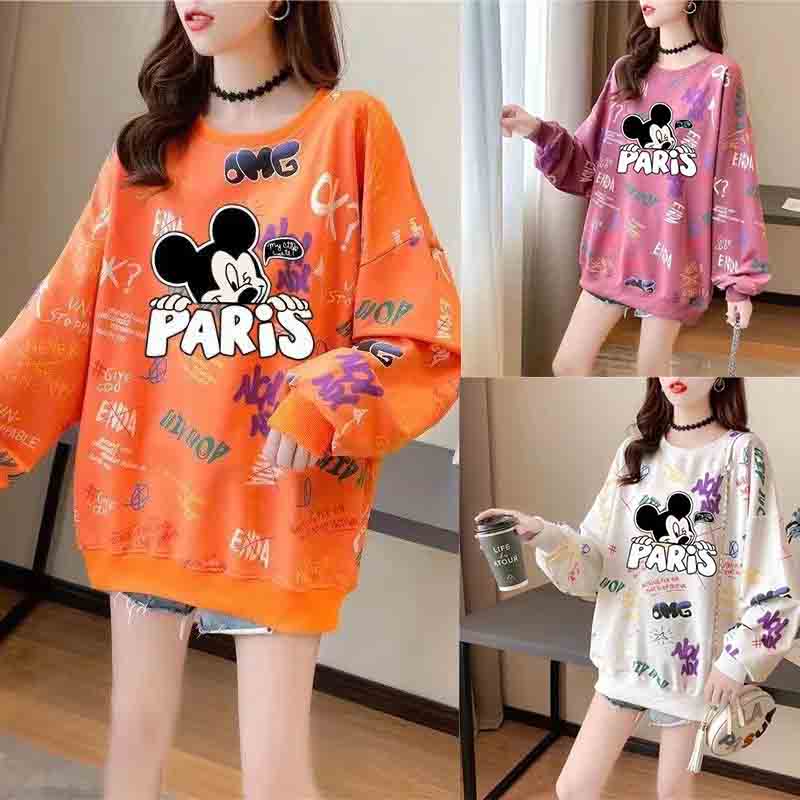 【10点セット】ディズニー ミッキー トレーナー レディース 韓 ファッション ロングTシャツ 長袖tシャツ ゆったり 可愛い Tシャツ カットソー ロング丈 着痩せ ロンT トップス 春秋97