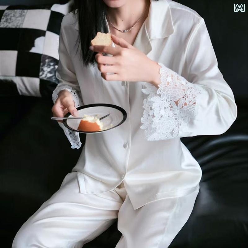 レディース　シャツ　レース ビクトリアの シルクパジャマ 女性用 2025 春秋 高級 レース ステッチ 長袖 ホームウェア 8,276円