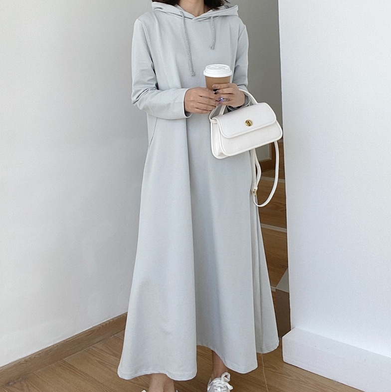 ワンピース レディース フード付きワンピース 韓国 ロングワンピース ロング丈 長袖 フード付き フーディ 長袖ワンピース かわいい シンプル ナチュラル カジュアル おしゃれ お洒落 オシャレ ラフ