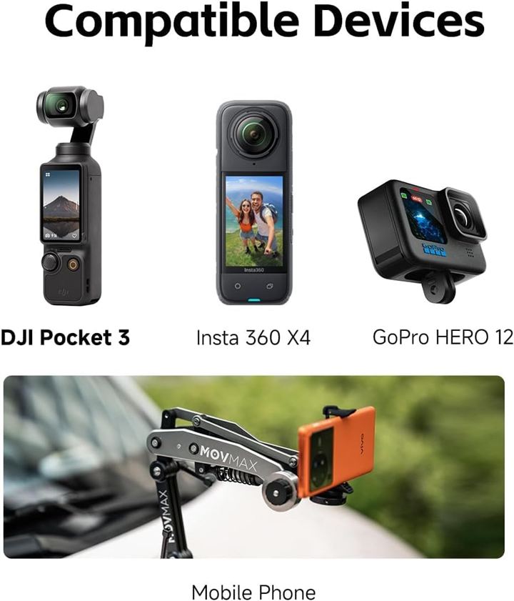 Movmax ブレードアーム 日本語取扱い説明書付 DJI Pocket 3 Insta 360 GoPro HERO 12カメラ用 (グレー, Car Suction Mount)