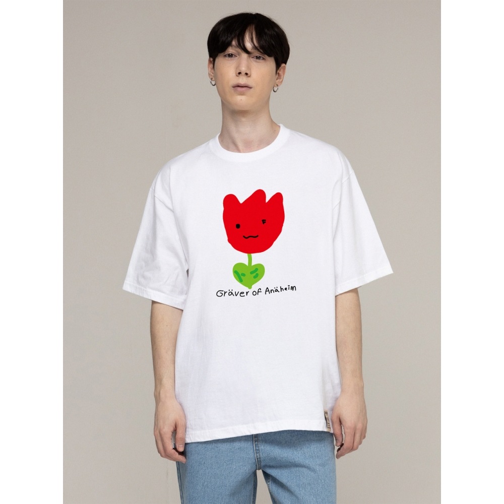 グレイバードローイングレッドフラワースマイル半袖Tシャツホワイト