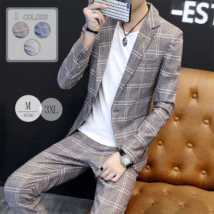入学式2ピーススーツメンズカジュアルスーツテーラードジャケットlチェック柄ジャケットアウターお洒落スリムスーツキレイめカジュアルセットアップ春春春ジャケット
