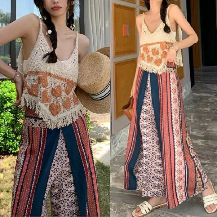【急速出荷 2025年新作】セットアップ エスニック クロシェ パンツ キャミソール かぎ針 ボヘミアン ハワイアン リゾート 民族衣装 可愛い 夏 レディース 上下セット 総柄 ノースリーブ 韓国