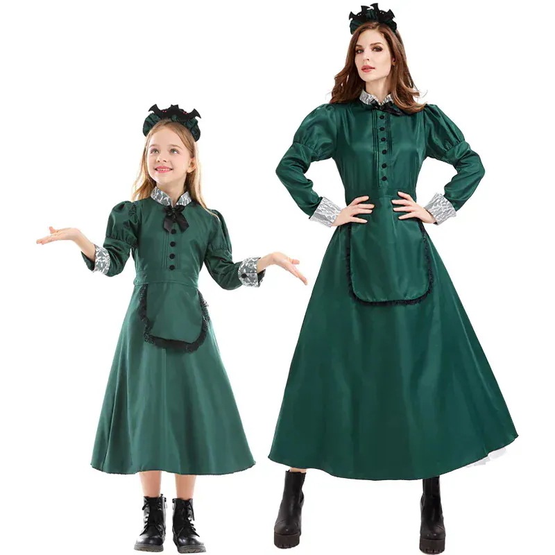 ハロウィン コスプレ 洋館 メイド メイド服 レディース 緑 ロング30%までに制限