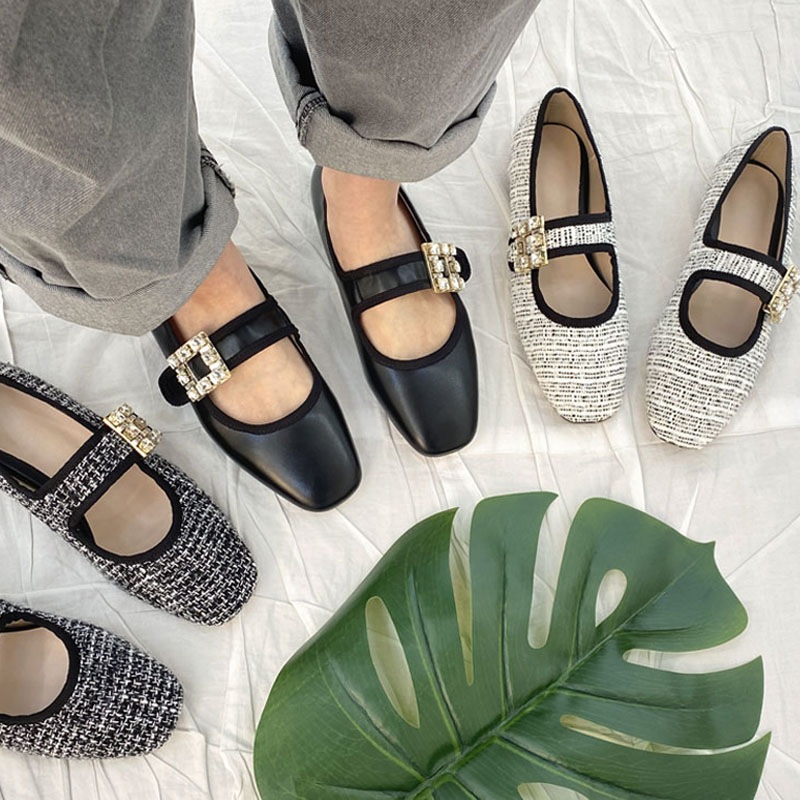 女性らしいキラキラビジュー付き 甲ストラップ 無地 ツイード デイリー ローヒール フラットシューズ メリージェーンシューズ 3color