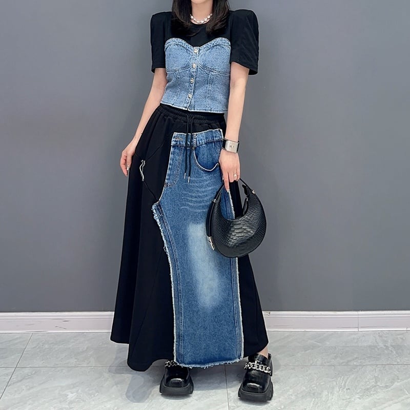 デニムステッチドローストリングウエストAラインロングスカート プレゼント 個性的なデザイン ステージ衣装 演出衣装 イベント こせい 個性 特徴あり 新作 TV 主演 ステージ衣装 舞台 おしゃれ