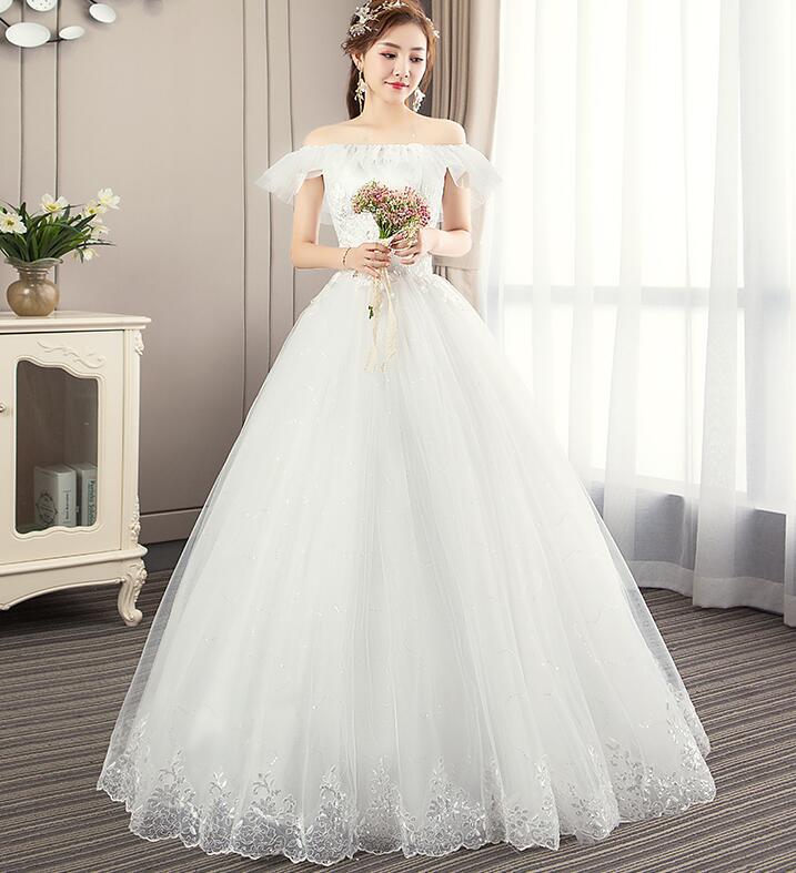 ロングウエディングドレス　オフショルダー 可愛いロングフリルドレス　フォマール　お姫系ウエディングドレス　結婚式披露宴二次会前撮りドレス　ふわふわ　無地　シンプルドレス　パニエベールグローブ対応可