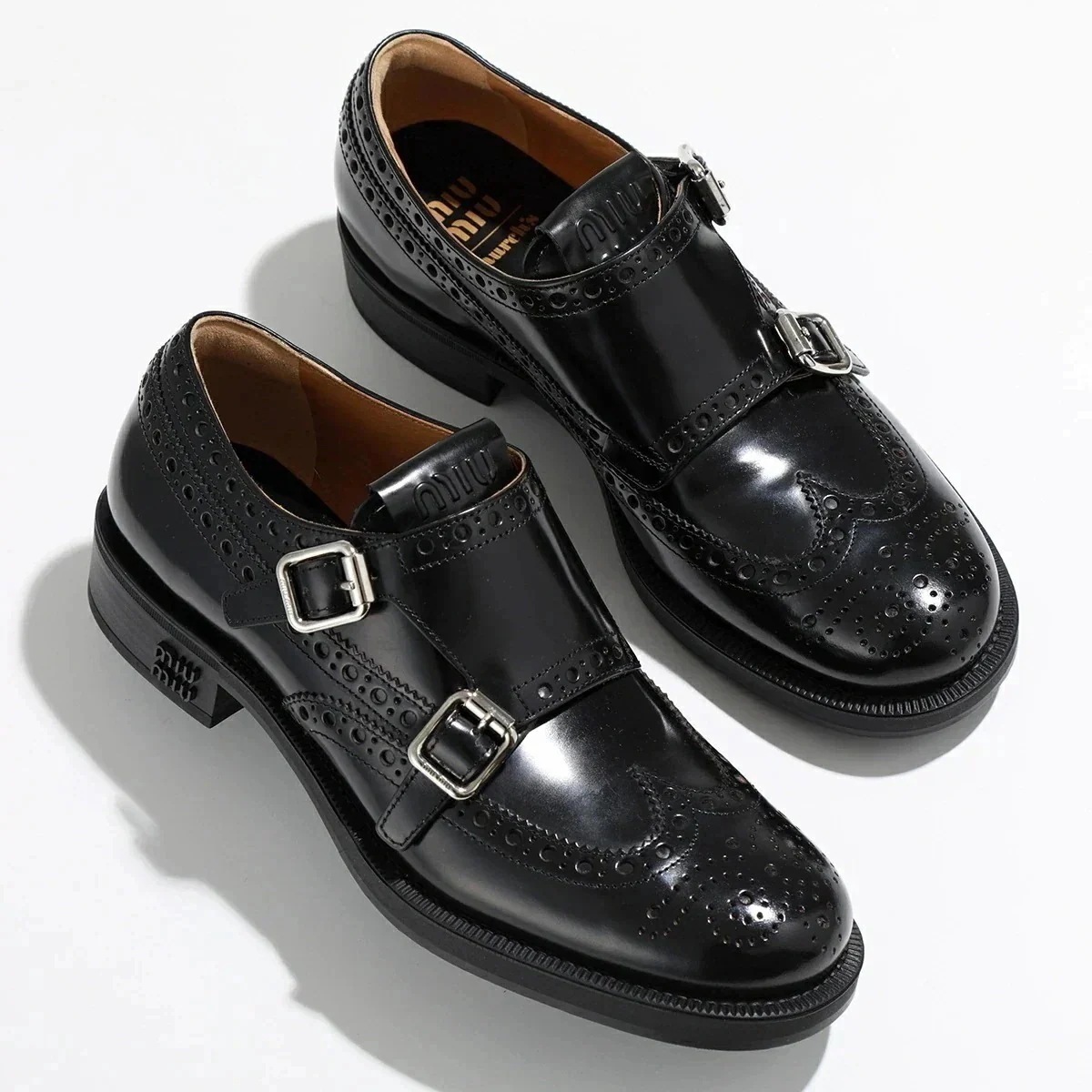 Churchs×Miu Miu チャーチ ミュウミュウ レザーシューズ 5E039E 055 レディース ダブルモンク ブローグシューズ 靴 F0002/NER