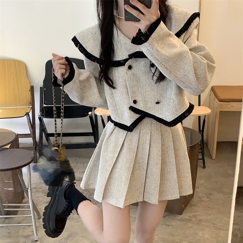 涼しく楽ちんセットアップ涼しく楽ちんセットアップ 新生活応援ビジネス特集スーツ涼しく楽ちんセットアップセットアップ2023韓国ファッション JK制服 大学スタイル ネイビーカラートップス＋プリーツス