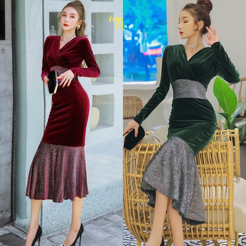 3色 キャバ ドレス ロング レディース 黒 赤 緑 無地 マーメイド 個性的 バイカラー 切り替え パーティードレス ミモレ丈 セクシー フォーマル ワンピ おしゃれ Vネック 長袖 カシュクール 6,898円