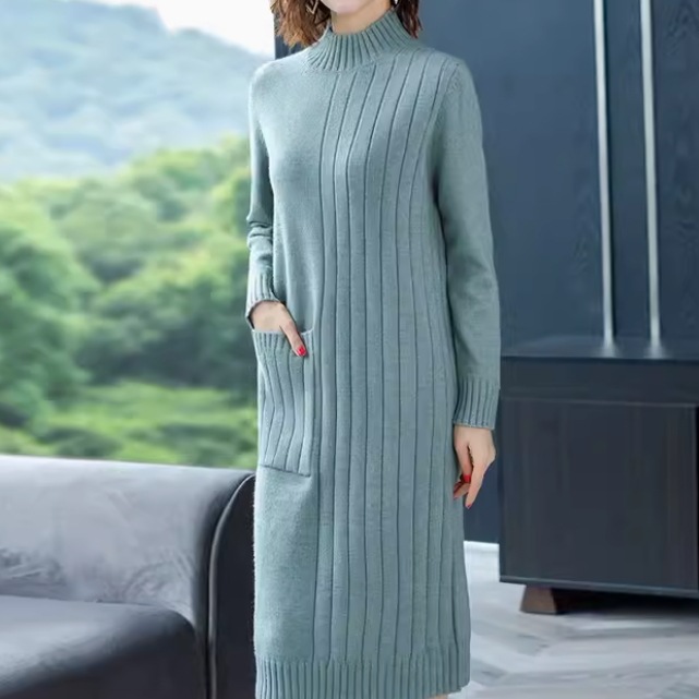 レディース スカート ワンピース ニット セーター プルオーバー ニットワンピ ニットスカート ロングスカート ミモレ 長袖 ハイネック ふっくら ポケット 伸縮性 かわいい 大人可愛い きれいめ