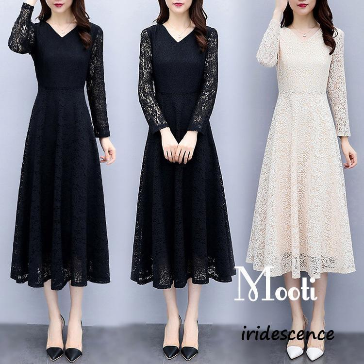 韓国風 二次会 40代 結婚式 披露宴 レースワンピース 大きいサイズ 20代 お呼ばれ 謝恩会 出荷が早いパーティードレス 長袖 上品 フォーマルドレス ロング丈 袖あり 着痩せ