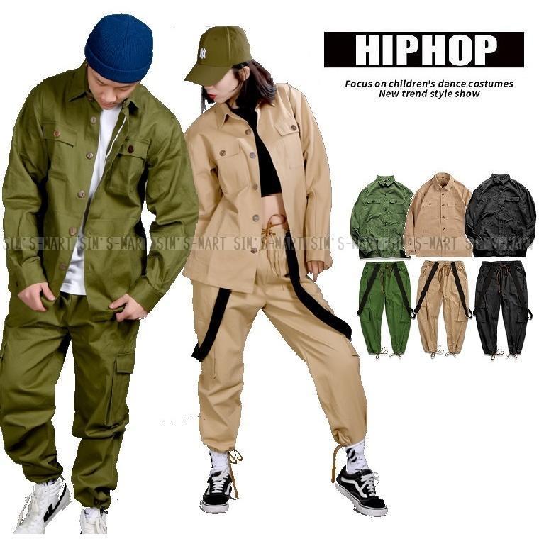 新しい子供用ダンスウェア ヒップホップ ダンス衣装 セットアップ メンズ レディース 大人 キッズ ヒップホップファッション ワークシャツ ワークパンツ ミリタリー 2枚購入で1872円OFF