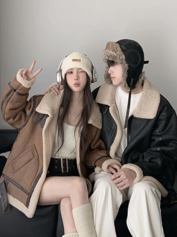 裹起毛 スエード調 韓国っぽアウター 2025 秋冬 厚手レトロ羽織り暖かいトレンドカラー合成PUバイカラーカジュアルレディースフェイクファッションきれいめ大人 防寒あったか スウェード長袖かわいい