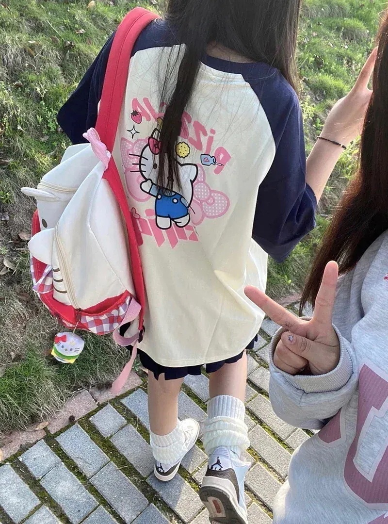 韓国突き出しカラーが可愛いカートゥーンキティアルファベット半袖Tシャツ女性夏のゆったりカジュアルなトップス