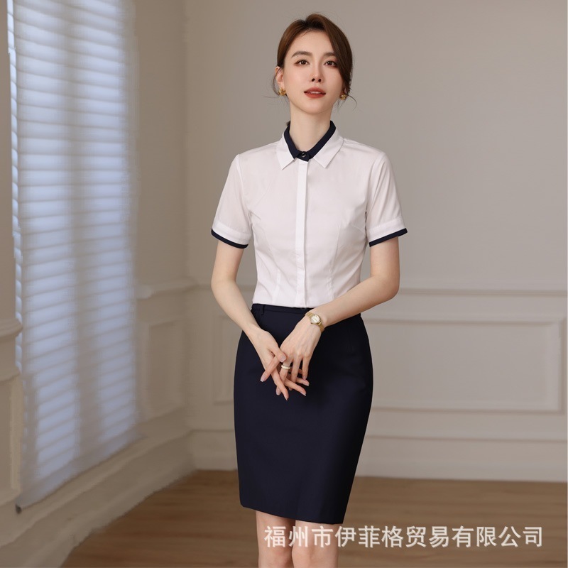 ビジネス服装女性用白シャツ夏薄手気質ファッションシフォンシャツ半袖面接ズボンツーピース作業服