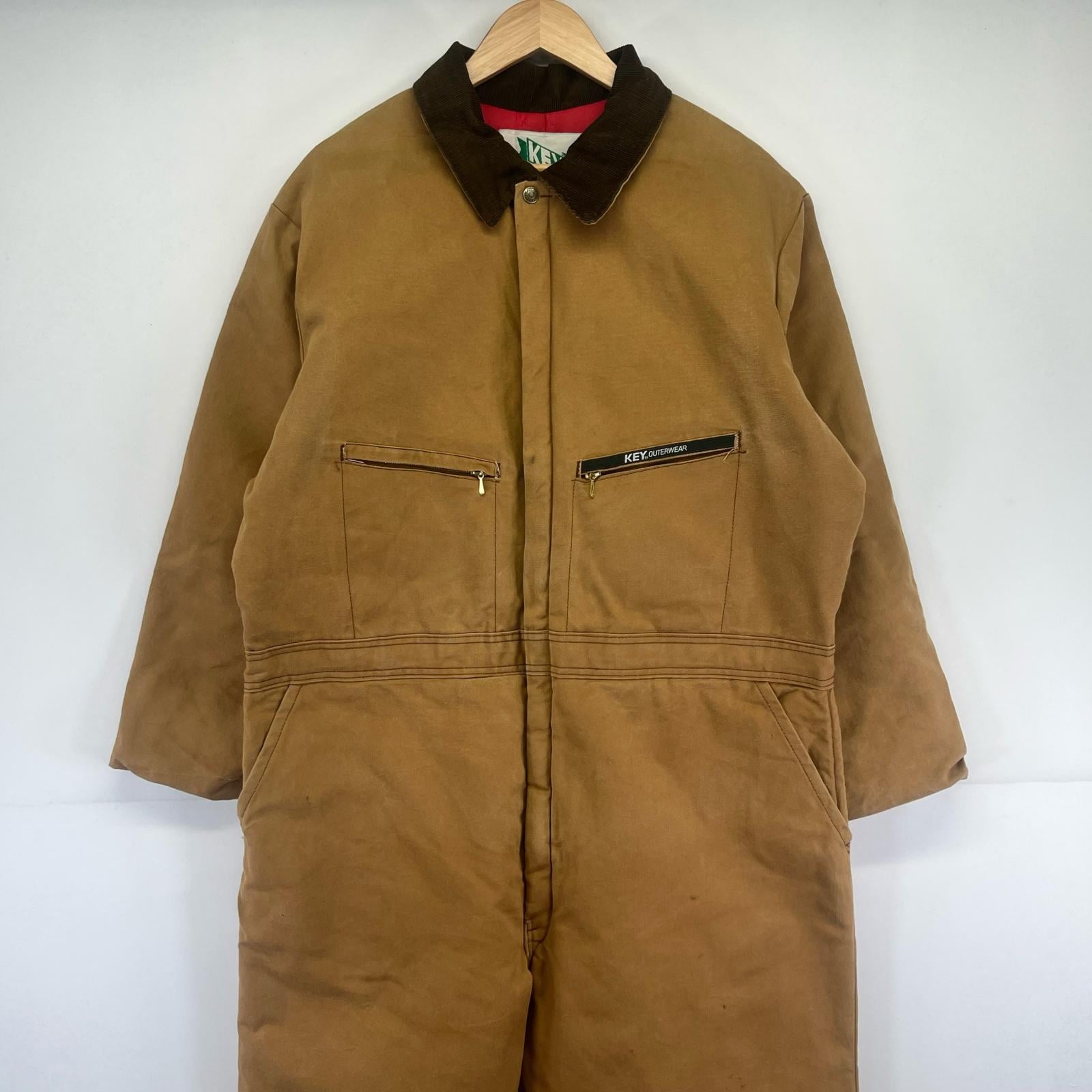 古着 キー KEY USA製 長袖つなぎ ダック ワーク オールインワン 大きいサイズ 中綿 ワンポイントロゴ キルティング XL ベージュ系 メンズ