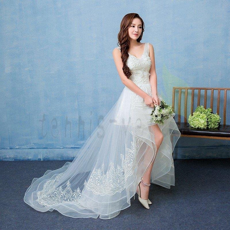 ウエディングドレス エンパイア 安い トレーンドレス 前ミニ ウェディングドレス 結婚式 マタニティ