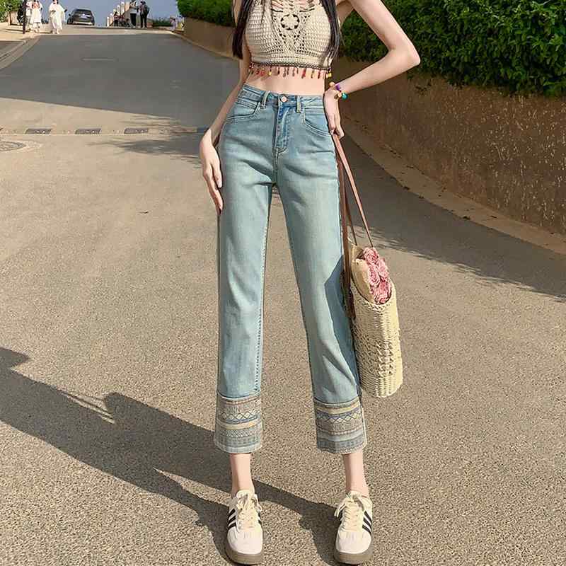 レディース ファッション カジュアル おしゃれ エスニック レトロ ブルー ジーンズ 春夏 ハイウエスト ウォッシュ 九分丈 ストレート パンツ