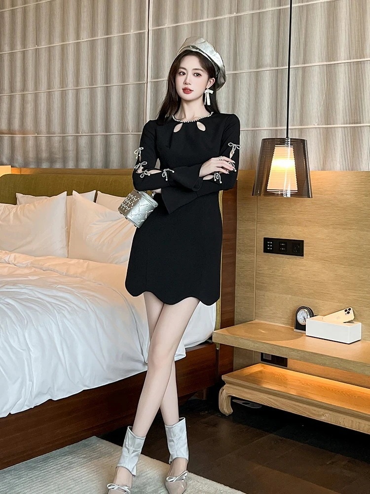 ショート ドレス Aライン 2026冬新品 同窓会 パーティー 大人 演奏会 キャバ ウェディング 結婚式 黒 披露宴 ダイヤモンド飾り お姫様 二次会 卒業式