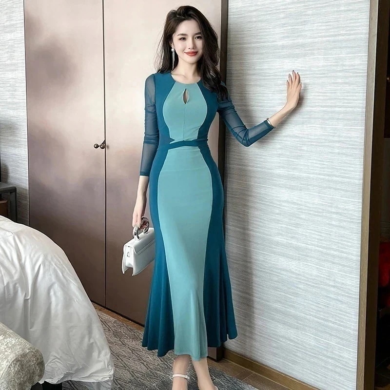 秋冬 フラウス風 チュール ドッキング ワンピース マーメイド パーティードレス キャバ 着痩せ 大人 同窓会 披露宴 卒業式 結婚式 演奏会 ウェディング 4,950円