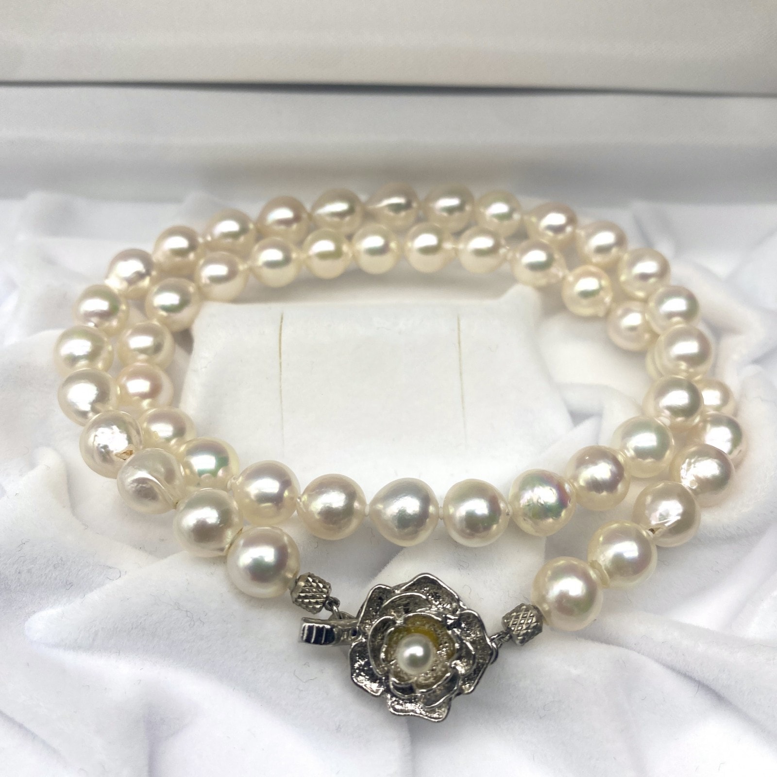 美品 照り強 アコヤ真珠 あこや ネックレス パール 本真珠 ジュエリー テリ てり ホワイト ピンク グリーン 約47cm 7.0mm-7.5mm 31.8g シルバー金具
