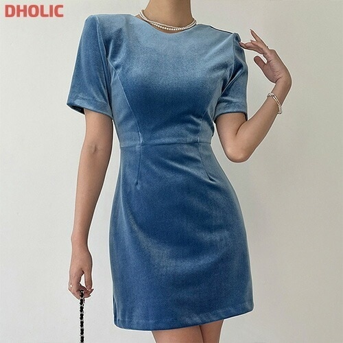 [メガ割りSALE]バックリボンベロア半袖ミニワンピース