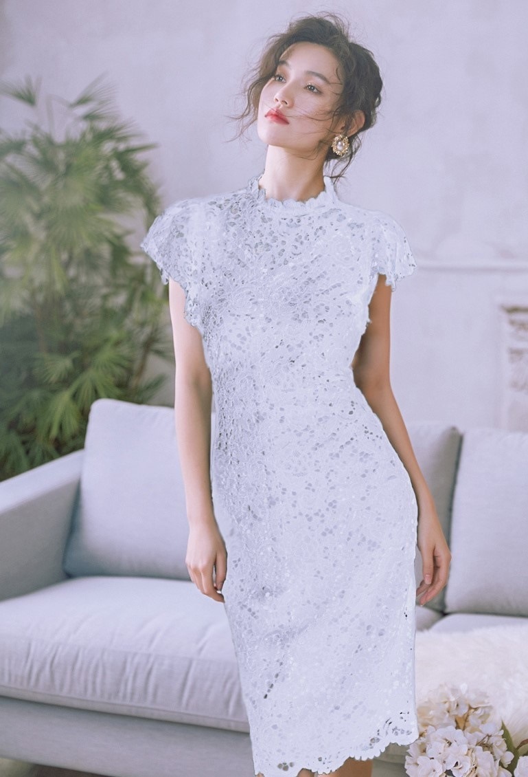 1905.フリルレースワンピース（ホワイト）2019 春夏 sale ドレス タイト エレガント お呼ばれ パーティー 結婚式 披露宴 女子会 レストラン デート