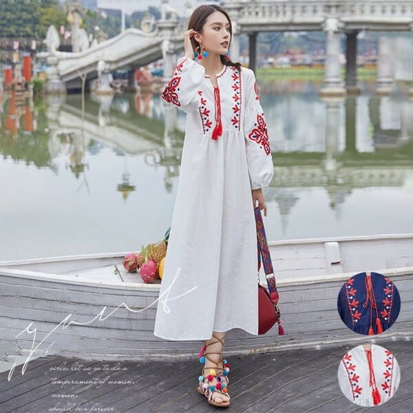 ハワイ リゾートワンピース マキシ丈 長袖 体型カバー 大きめ ゆったり 刺繍 民族風 夏ワンピ ロングワンピース 沖縄 海外旅行 ホワイト ネイビー レディース マキシワンピース おしゃれ 大人可愛