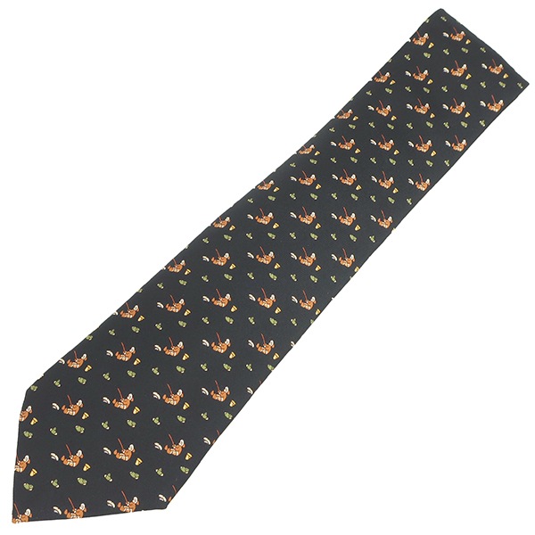 エルメス HERMES ネクタイ 釣り柄 9cm シルク ブラック×マルチカラー 黒 釣り人 釣り堀 【箱】【中古】