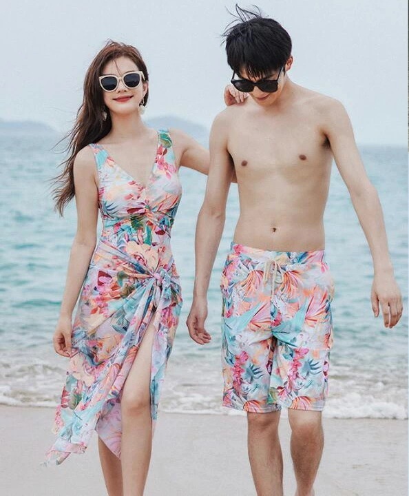 【送料無料】セット水着 ペアルック 体型カバー 連体水着 水着 男女セット ペア水着 カップル水着 お揃い レディース メンズ オールインワン ショートパンツ パレオ風スカート 3点セット タンキニ