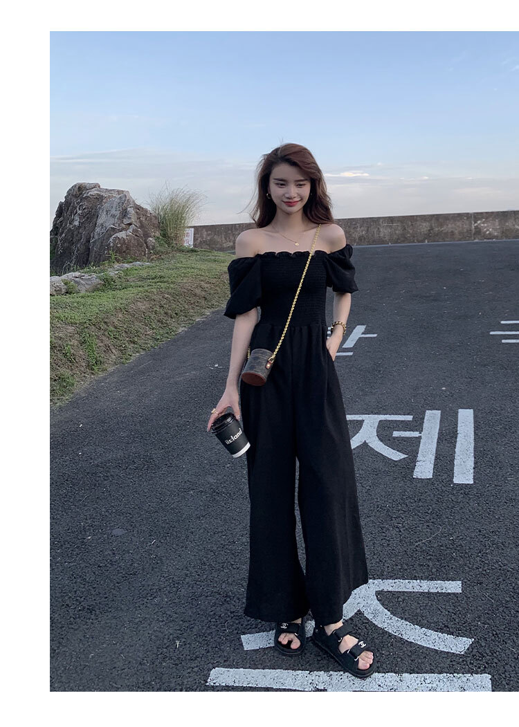 フレンチ スタイル レトロ パフ スリーブ ワンショルダー ジャンプ スーツ 女性 夏 ウエスト パンツ ブラック ＳＭＬ かわいい 大人可愛い きれいめ シンプル カジュアル 大人 上品 おしゃれ