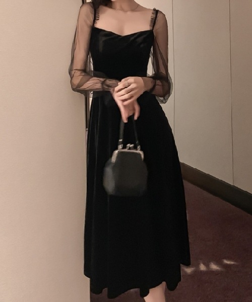 レディース ドレス パーティードレス イブニングドレス フレア 結婚式 二次会 披露宴 ミモレ 長袖 スクエアネック Aライン レース ファスナー 透け感 シースルー 背中開き シンプル 大人可愛い