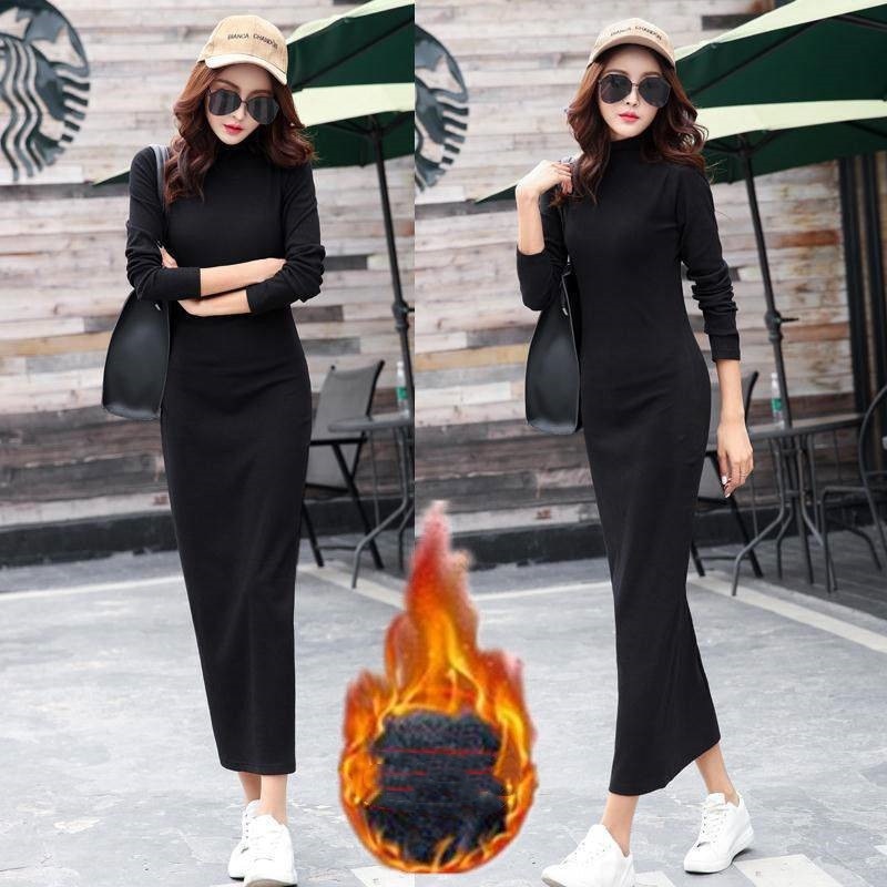 ワンピース長袖裏起毛レディースハイネックミモレ丈ロング丈無地黒タイトスリムフィットカジュアルシンプル可愛いおしゃれデイ