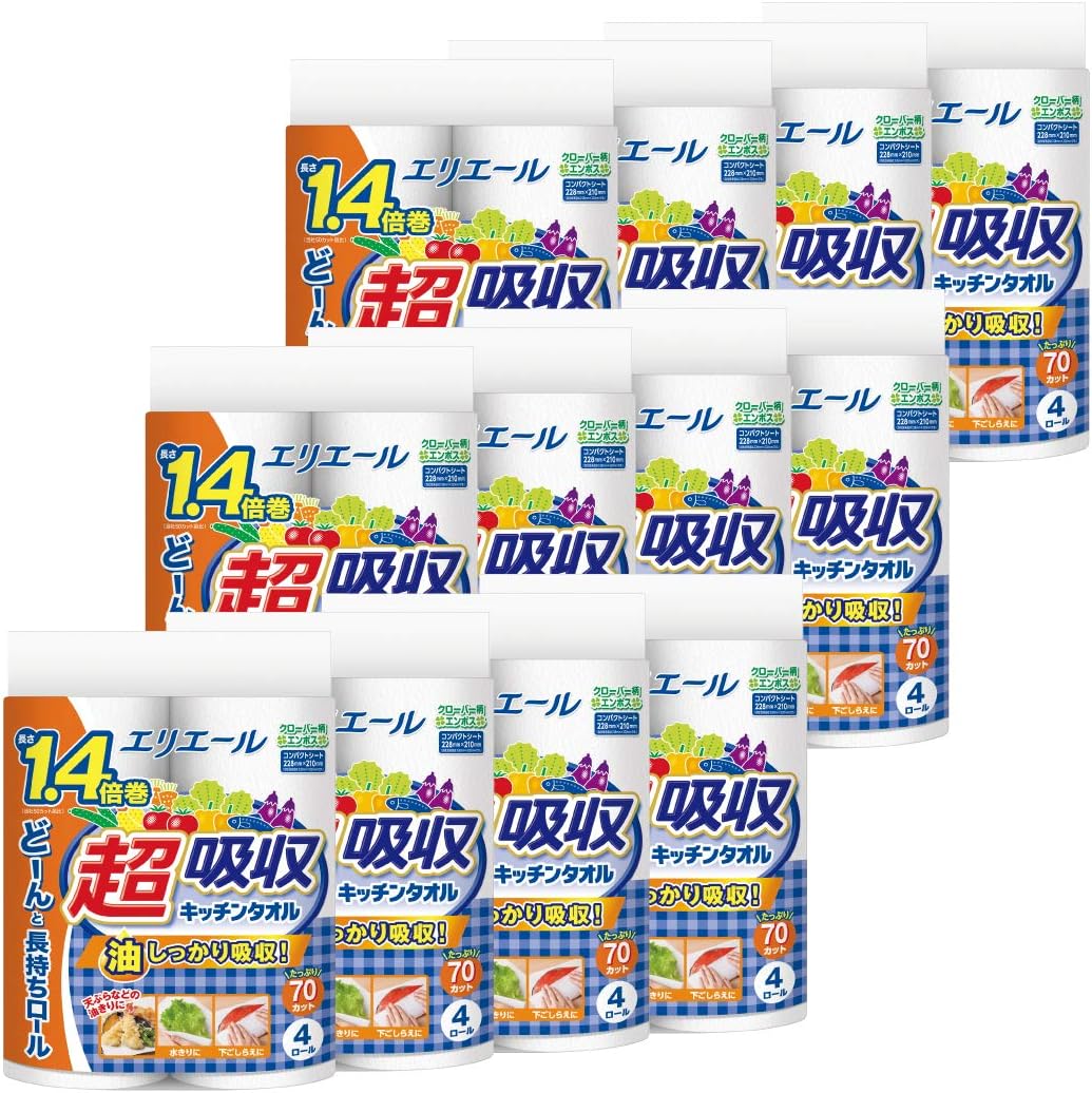 エリエール キッチンペーパー 超なじむ キッチンタオル 70カット×48ロール 4ロール×12パック パルプ100% 1.4倍巻き ケース販売
