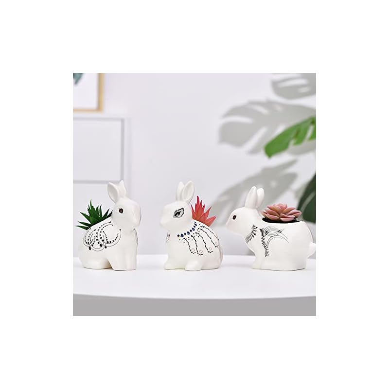 [詩真] うさぎの植木鉢 陶器 多肉植物鉢 シンプル 動物 かわいい 白（4号） (三点セット)