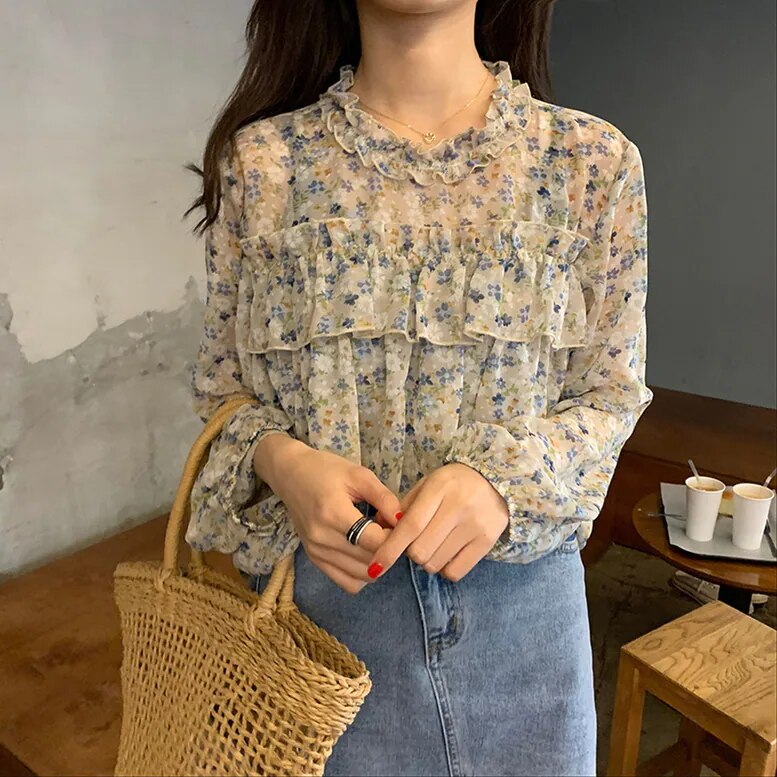 レディース 小花柄シフォンブラウス 花柄フリルブラウス トップス 花柄 小花柄 フラワーパターン