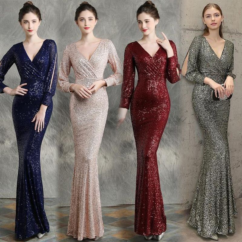 女性用スパンコール付きイブニングドレスでセクシーなホストワインレッド長袖ドレス 5,276円