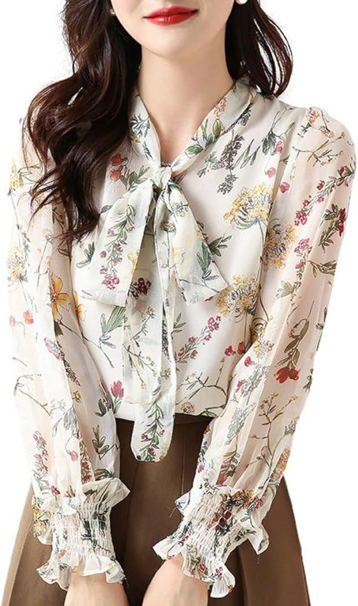 花柄ボウタイブラウス シフォン素材 ふんわり袖 袖口ギャザー 裏地有り 長袖 フェミニン シースルー セレカジ 華奢魅せ しっかり見え リッチ きちんと感 女性用(ホワイト, 2XL)