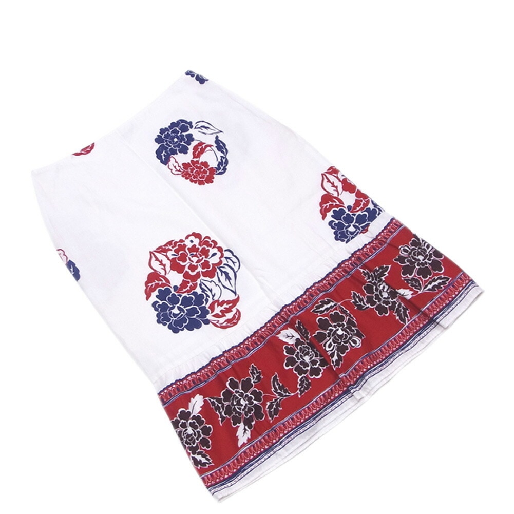 スカート フラワープリント 38サイズ ホワイト 白 レッド ネイビー系 レディース 中古