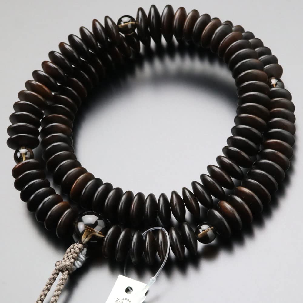 特別価格念珠ドットコム 天台宗 数珠 男性用 9寸 縞黒檀（艶消し）茶水晶 正絹梵天房【本式数珠 京念珠 京都 108玉 九寸 煙水晶 スモーキークォーツ 葬儀 法要 マイ数珠 101770009